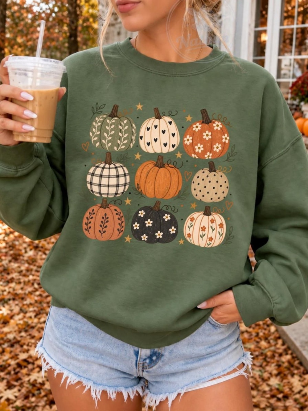 Forest Green Pumpkin Grid Graphic Sweatshirt